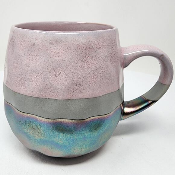 Roscher Stoneware Coffee Mug Pink Grey Blue Iridescent Striped  Micro & DW Safe - Picture 3 of 7